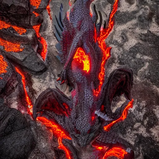 Image similar to shot of a mythological western fantasy dragon bathing in lava, cryptid, unexplained phenomena, drone photography, 8k