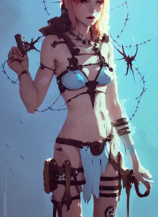 Image similar to portrait of cute maiden girl with crown of thorns, dressed in belts bikini, warhammer, cyberpunk, by atey ghailan, by greg rutkowski, by greg tocchini, by james gilleard, by joe gb fenton, by kaethe butcher, dynamic lighting, gradient light blue, brown, blonde cream and white color in scheme, grunge aesthetic