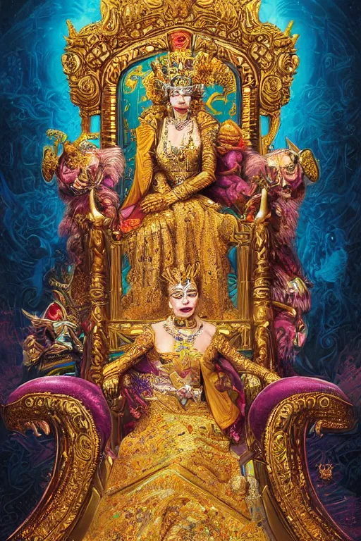 Image similar to ultradetailed painting of a beautiful grand empress on a throne made of gold and Jewels with a single white tiger guardian at her side by Dan Mumford, magical realism, volumetric lighting, 4k