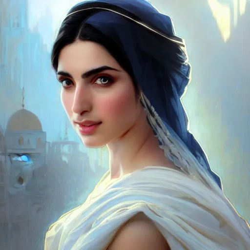 Prompt: ,Crystal blue eyes arab ameera al taweel with black hair, white veil,elegant face, , Greek, middle eastern, by WLOP,Artgerm,Greg Rutkowski,Alphonse Mucha, Beautiful dynamic,shadows,Artstation,concept design art,Octane render,8K