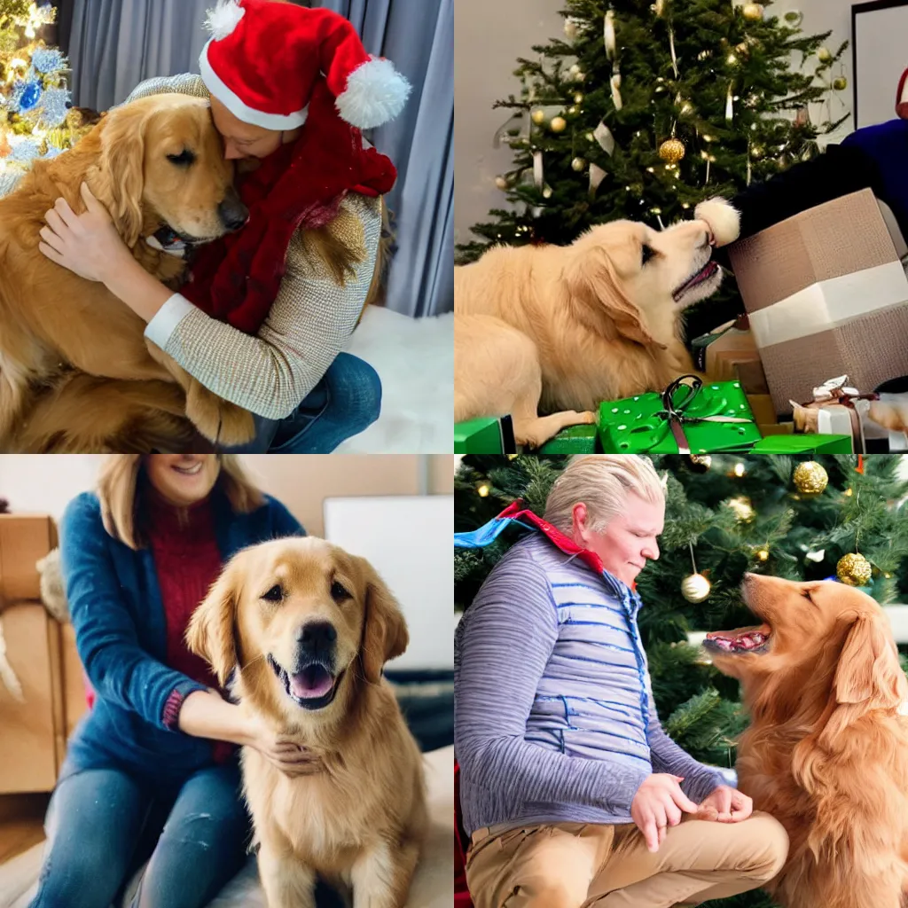 Prompt: a golden retriever getting a human for christmas