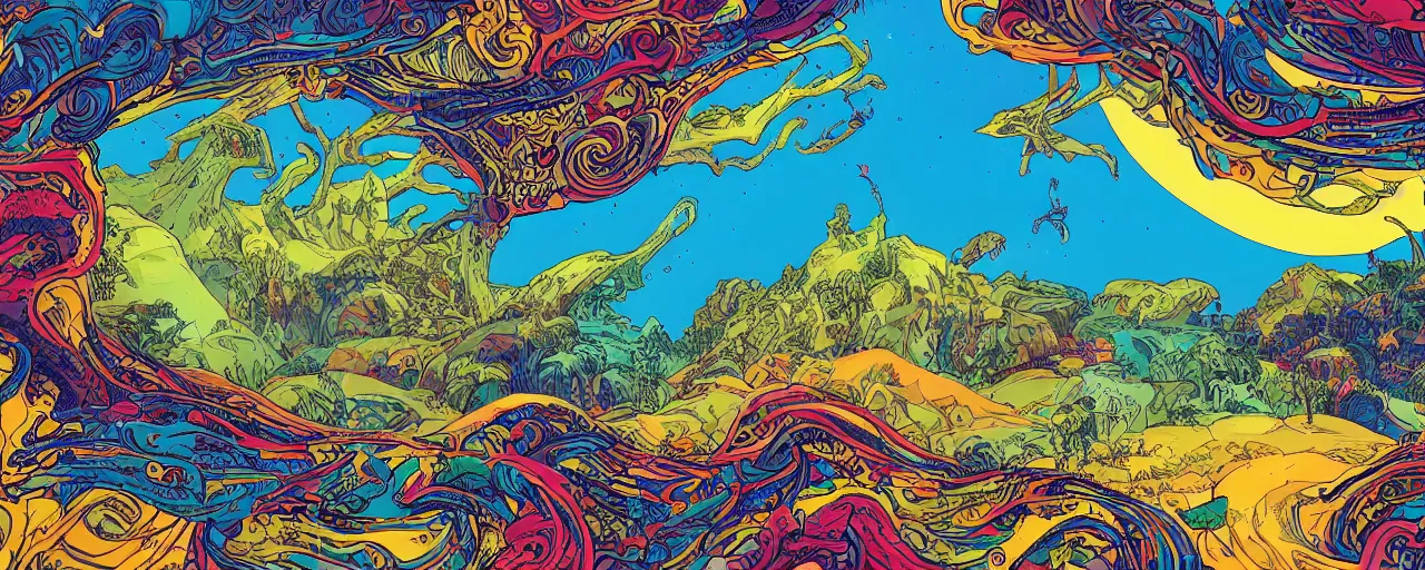 Prompt: panoramic view of an island on an alien planet, bold warm colours, intricate, elegant, highly detailed, smooth, sharp focus, graphic novel,