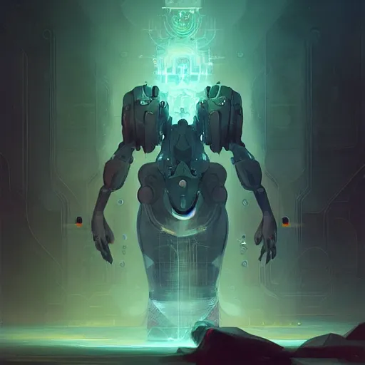 Image similar to the abstract concept of a sentient neural net artificial mind, concept art, by peter mohrbacher