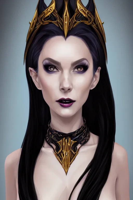 Prompt: portrait of a gorgeous female warlock, looking at camera, D&D, choker on neck, stylish dark dress, arcane symbols, mouth slightly open, very long flowing hair, intricate, elegant, stylish, cute slightly nerdy smile, fantasy, extremely detailed, digital painting, artstation, concept art, smooth, sharp focus, illustration, stunning lighting, art by artgerm and greg rutkowski and alphonse mucha and simon stalenhag