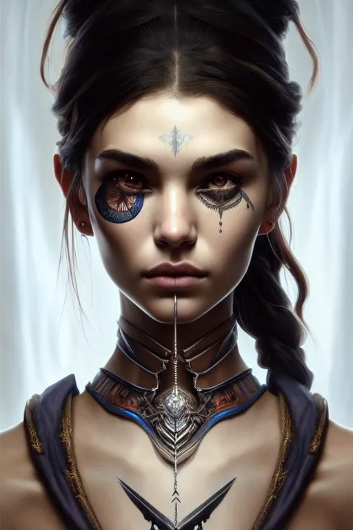 Image similar to symmetry!! portrait of madison beer in the style of god of war, machine parts embedded into face, intricate, elegant, highly detailed, digital painting, artstation, concept art, smooth, sharp focus, illustration, art by artgerm and greg rutkowski and alphonse mucha, 8 k