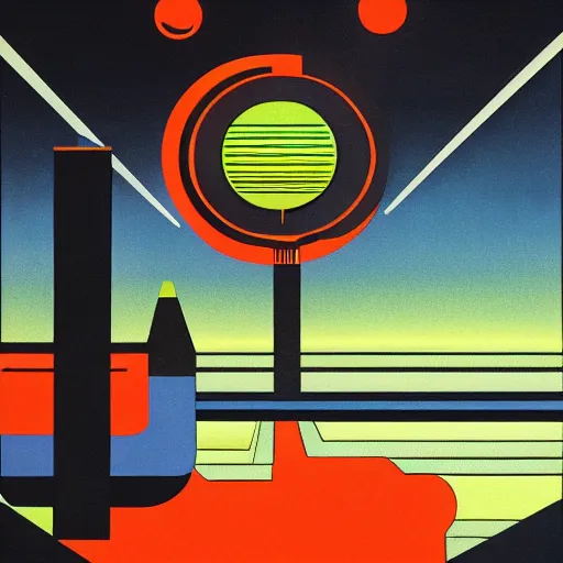 Image similar to dark retro illustration 1 9 7 5 science fiction, gouache painting with simple shapes and hard edges, an evil supercomputer with a ray gun