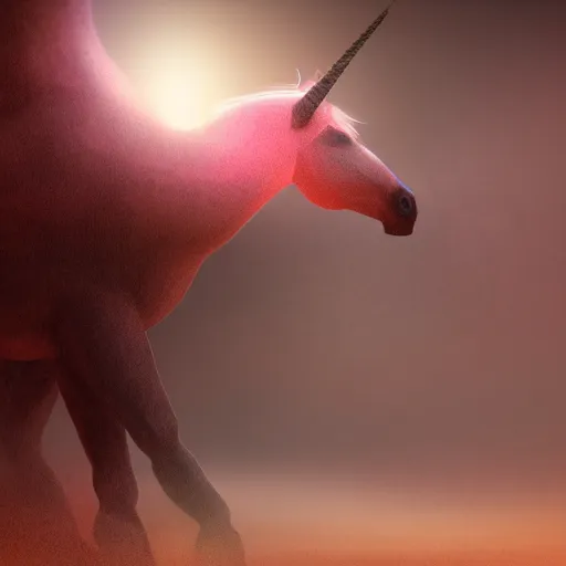 Image similar to a photorealistic fantastic unicorn 🦄 with 👠 on the surface of a volumetric lighting reddish fog on the surface of planet Mars, trending on art station, sci-fi