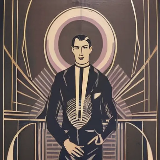 Image similar to a beautiful art deco wall mural of a handsome man, symmetrical, elegant