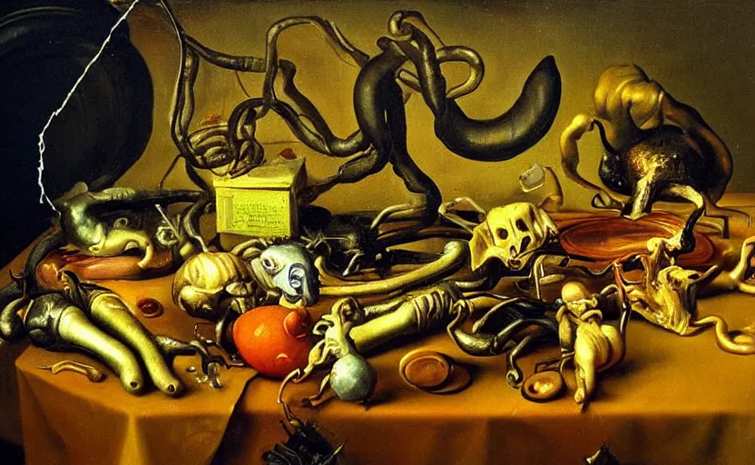 Image similar to disturbing colorful oil painting dutch golden age vanitas still life with bizarre objects strange gooey surfaces shiny metal bizarre insects tongue tendril teeth eyes rachel ruysch dali todd schorr very detailed perfect composition rule of thirds masterpiece canon 5 0 mm, cinematic lighting, photography, retro, film, kodachrome