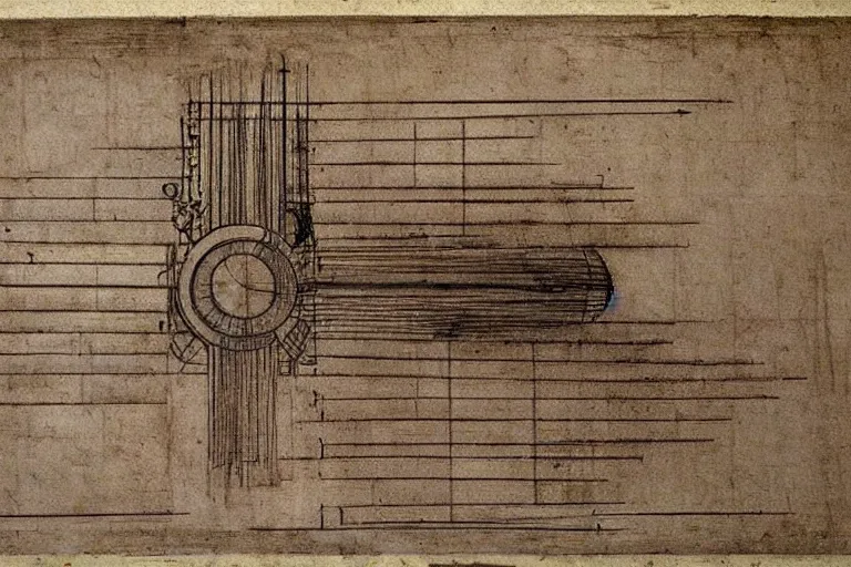 Image similar to engineering sketch by leonardo davinci of a warp drive