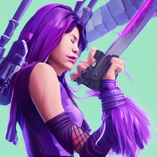 Prompt: beautiful female purple hair katana symmetrical face eyes full length fantasy art apex fortnite Video game icon, 2d game art gta5 cover , official fanart behance hd artstation by Jesper Ejsing, by RHADS, Makoto Shinkai and Lois van baarle, ilya kuvshinov, rossdraws