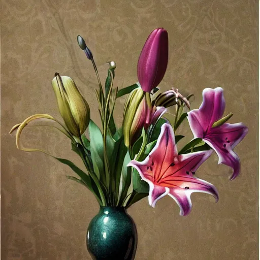 Prompt: arrangement of lilies in futuristic! vase, style of gustave dore!!, architectural digest