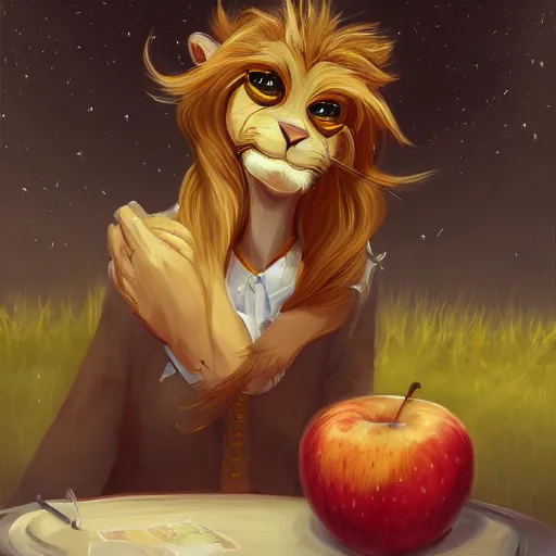 Prompt: a painting of an anthropomorphic lioness sitting at a table with apples, a character portrait by lois van baarle, trending on deviantart, furry art, speedpainting, furaffinity, tarot card, yoshitaka amano style