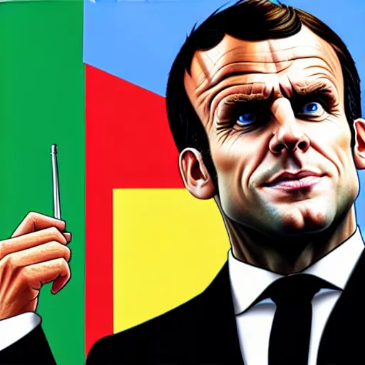 Image similar to emmanuel macron in a gta v cover art by stephen bliss