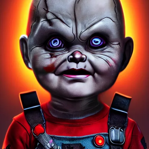 Prompt: chucky the doll in deadpool digital art 4 k detailed super realistic