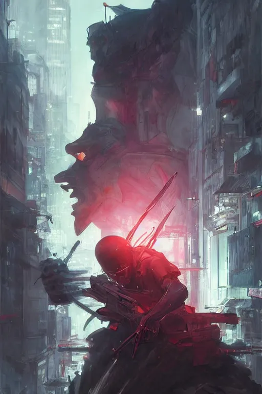 Image similar to portrait of ninja slayer, japan, night city, digital art from artstation, digital illustration by Ruan Jia and Mandy Jurgens and Artgerm and Wayne Barlowe and Greg Rutkowski and Zdislav Beksinski