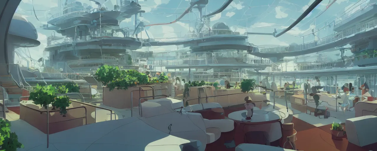 Image similar to nuclear powered cruise ship with vertical farm, detailed, atey ghailan, goro fujita, studio ghibli, rim light, exquisite lighting, clear focus, very coherent,