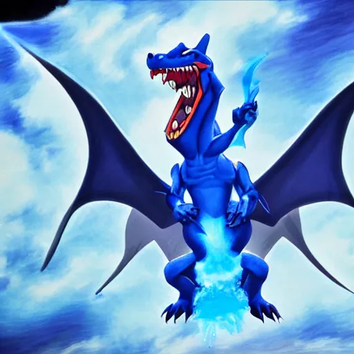 Image similar to a blue Charizard with water powers,realistic illustration