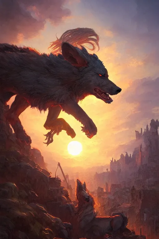 Prompt: a beautiful artwork illustration, Fenrir standing over a medieval village at sunset, destruction, by Greg Rutkowski and Jesper Ejsing and Raymond Swanland, featured on artstation, wide angle, vertical orientation