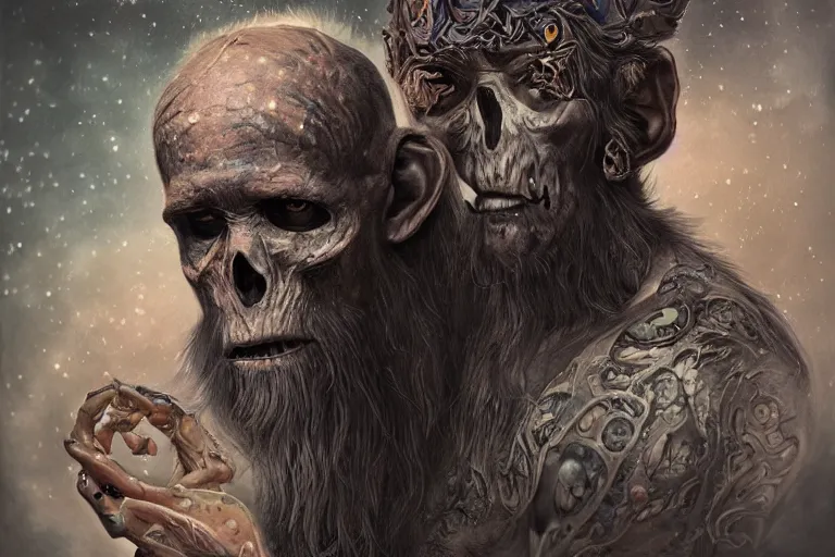 Image similar to a wlop 3 d render of very very very very highly detailed beautiful mystic portrait of a phantom undead mage ape with whirling galaxy around, tattoos by anton pieck, intricate, extremely detailed, digital painting, artstation, concept art, smooth, sharp focus, illustration, intimidating lighting, incredible art,