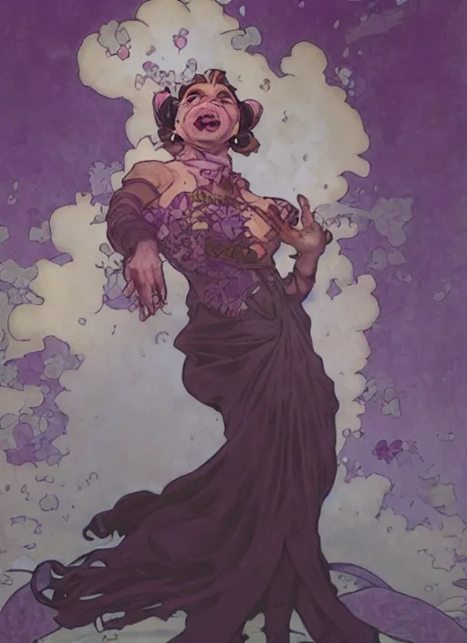 Image similar to mad madam mim, ugly! warts! purple smoke in motion, floating pieces, painted art by tsuyoshi nagano, greg rutkowski, artgerm, alphonse mucha, spike painting