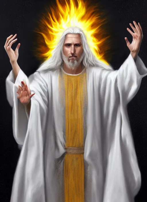 Image similar to « portrait of the white - haired jesus in a white robe and flaming yellow eyes, holding seven stars in right hand, grim colors, very realistic, high - contrast, intricate, elegant, highly detailed, digital painting, artstation, concept art, smooth, sharp focus, illustration »