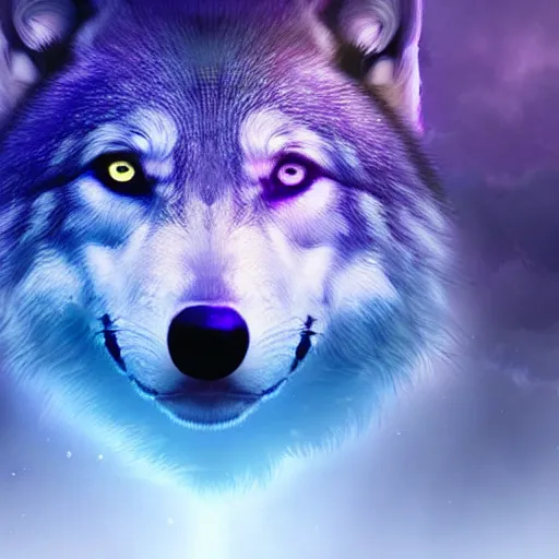 Prompt: of a fantasy sky of purple and blue a wolves face is the whole of sky with 5 0 % opacity and there are stars and galaxy ’ s and his eyes are piercing digital art epic cinematic lighting detailed