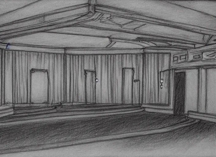 Prompt: pencil drawin of the inside of a old theater, creepy, haunted,