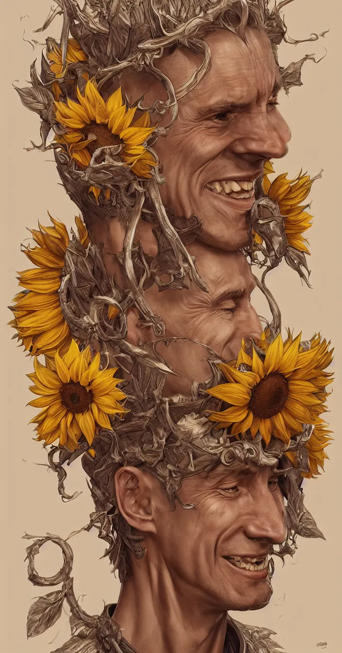 Image similar to digital art, centered full body of young any old Putin smiling king, Sunflower crown, ,intricate, veins, by James Jean and by artgerm , by ross tran ultradetailed, charachter design, concept art, trending on artstation,