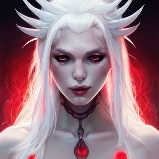 Image similar to ultra realistic illustration, dream humanoid demon girl with white hair, red horns, in white clothes, red eyes, intricate, elegant, highly detailed, digital painting, artstation, concept art, smooth, sharp focus, illustration, art by artgerm and greg rutkowski and alphonse mucha