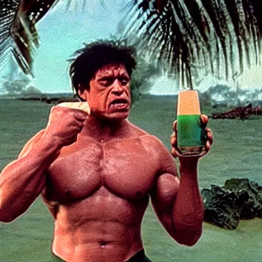 Image similar to a film still of hulk drinking coconut water