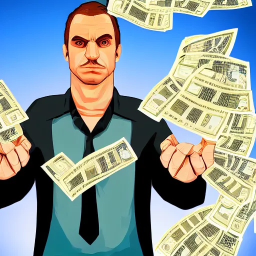 Prompt: a man holding a bunch of money to his face, gta loading screen, digital art,