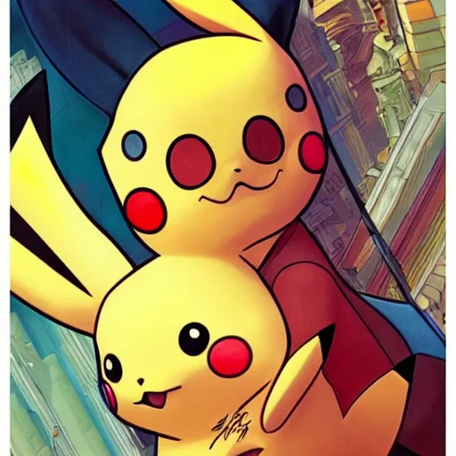 Image similar to pikachu perfect coloring, low saturation, epic composition, masterpiece, bold complimentary colors. stunning masterfully illustrated by artgerm, range murata, alphonse mucha, katsuhiro otomo