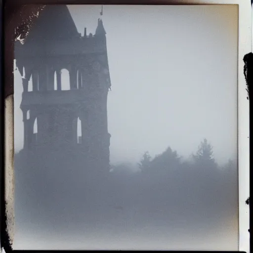 Image similar to you are lost in an old abandoned castle, hard to breathe, polaroid, laminal space, foggy