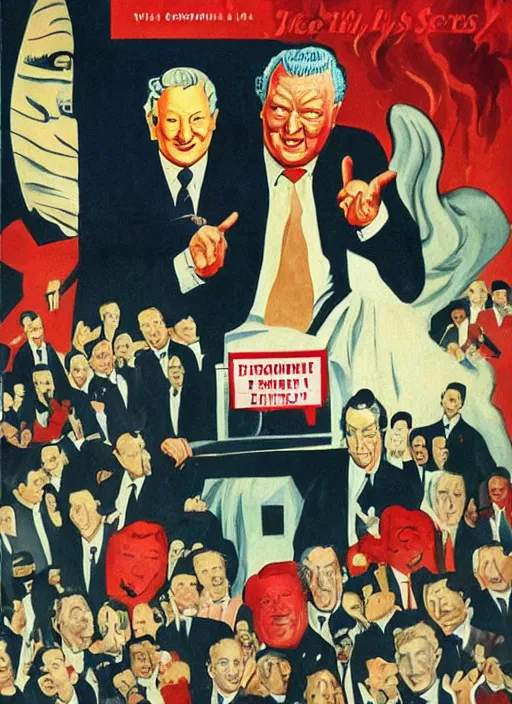 Image similar to yeltsin president in hell, devils and sinners, advertising in the style of american art of the 1 9 5 0 s in color