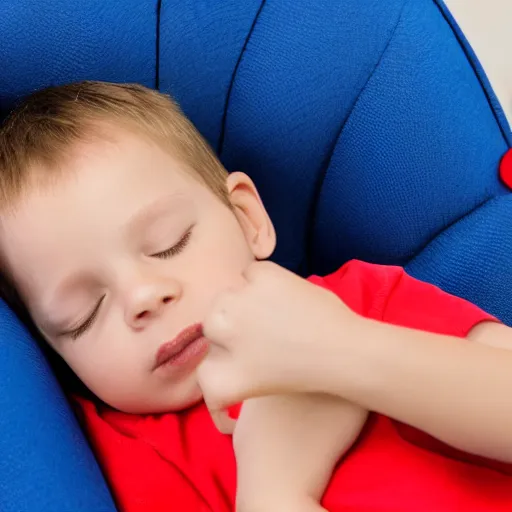 Image similar to small firefighter, asleep on blue reclining chair, dark hair