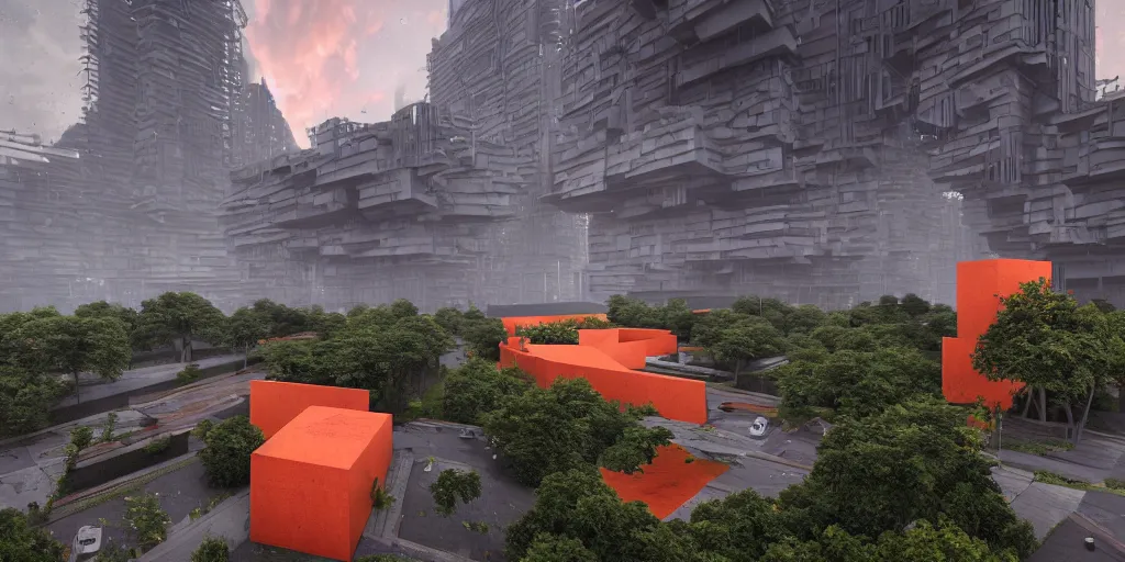 Image similar to highly detailed futuristic huge cube with red and orange glow, on the background brutalist architecture by Le Corbusier, abandoned buildings, empty streetscapes, surrounded by lush green vegetation, ground-level view, puddles of water, stunning volumetric lighting, sunset, trending on Artstation, 8k, photorealistic, hyper detailed, unreal engine 5, cinematic, epic lighting, cryengine, octane render, cyberpunk, dark, gloomy