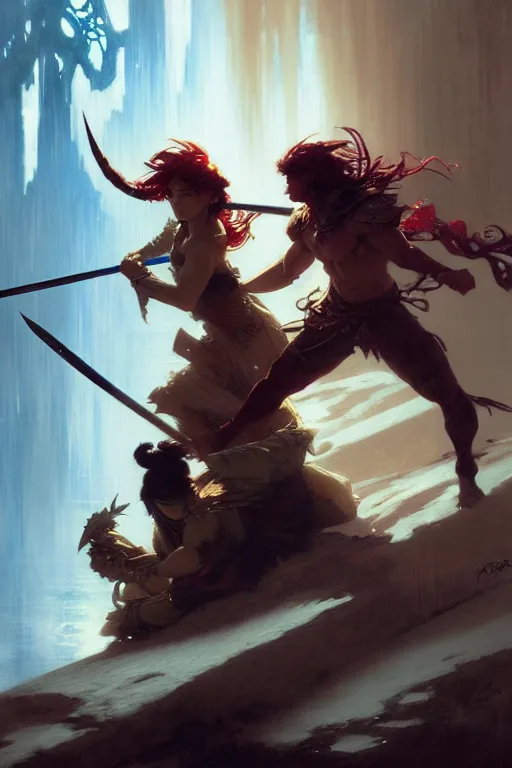 Image similar to An epic fight moment frozen time pose, between one demon slayer with one female skilled samourai , in style of by gaston bussiere, and craig mullins and greg rutkowski and alphonse mucha, awesomenes , concept art world, cinematic lighitng,