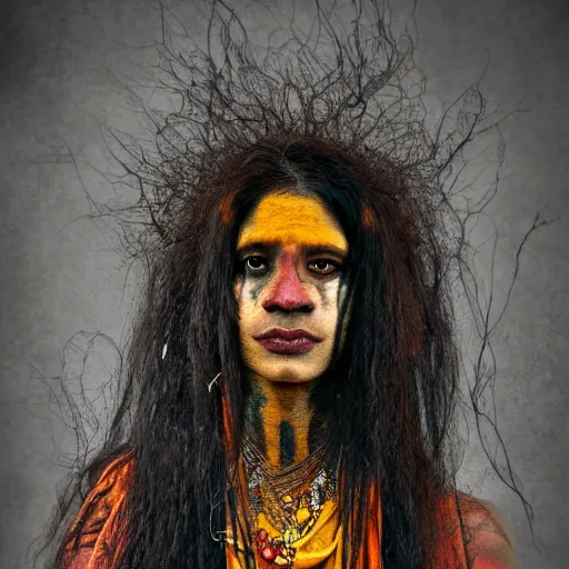 Image similar to realistic expired kodak film portrait of aghori albino india woman tentacled creature mix, marigold celestial vibe, hyperrealism, hypermaxiymalism, photorealistic, detailed, atmospheric, 8 k, award winning photography, cinematic