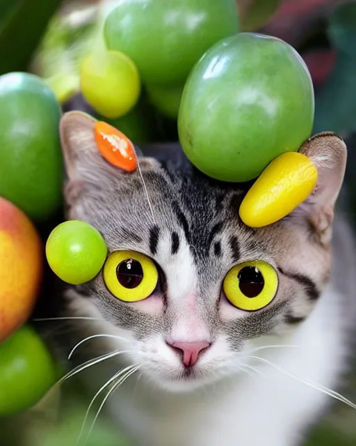 Prompt: a stunningly beautiful cat princess with googly eyes wearing fruit