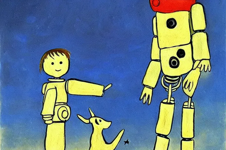 Image similar to a detailed painting of a ( ( ( ( ( boy and his robot dog ) ) ) ) ) by antoine de saint - exupery!!!!!!!!!!!!!!