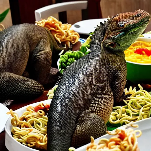 Image similar to a group of komodo dragons having a feast consisting of only indomie instant noodles on a fancy dining table, cartoon style