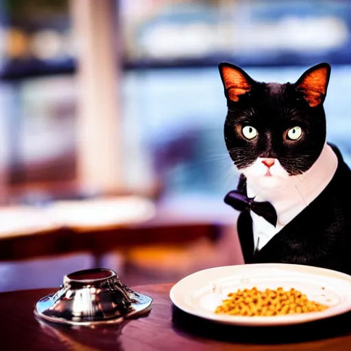 Image similar to A photo of a cat wearing a suit sitting in a fancy and expensive gourmet restaurant and eating a plate of cat food. f/2.8, dim lighting, award winning photo