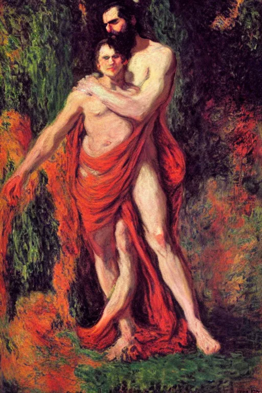 Image similar to Prometheus by Salome with the Head of John the Baptist, background by Claude Monet