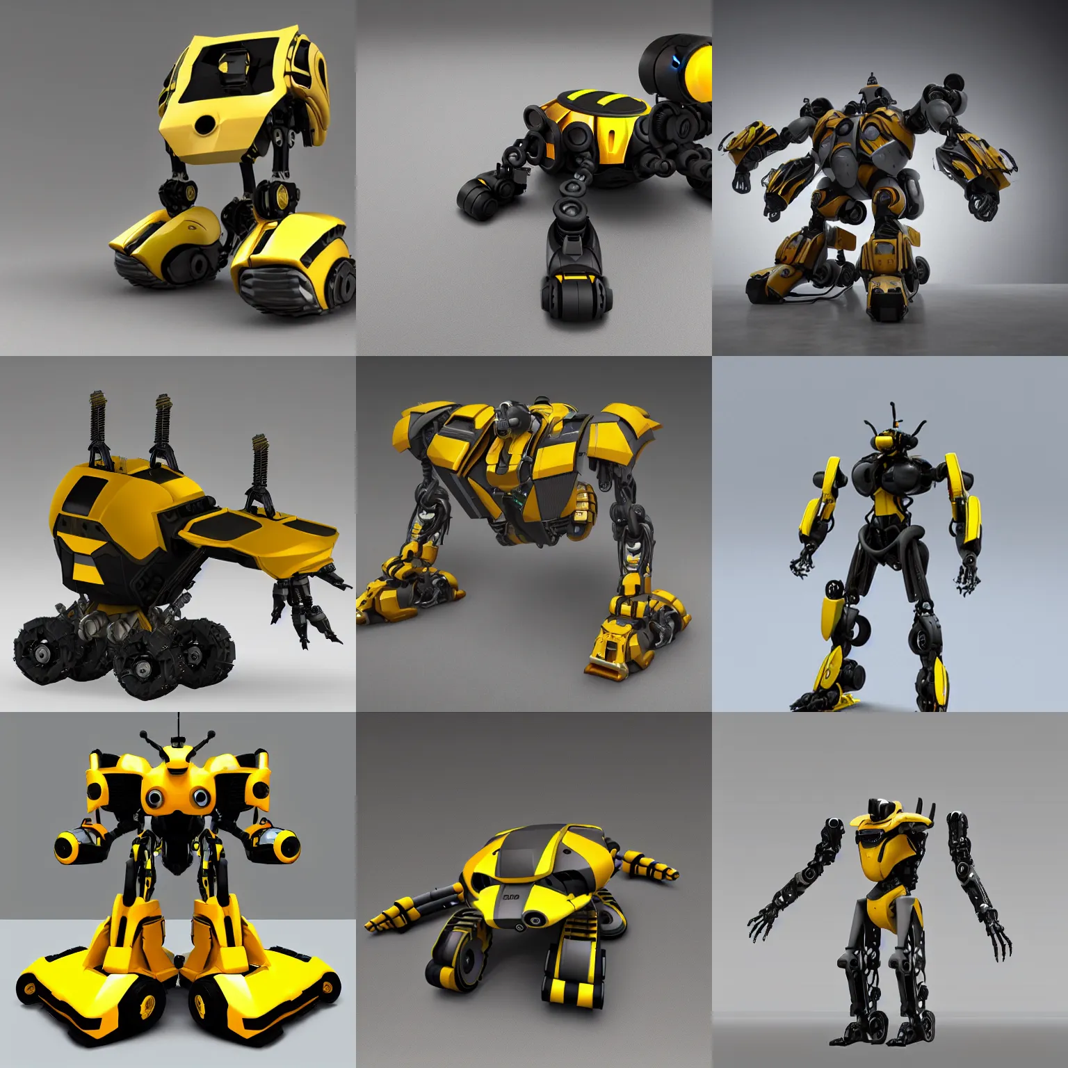 Prompt: hard surface, robotic platform, based on bumblebee, 6 legs