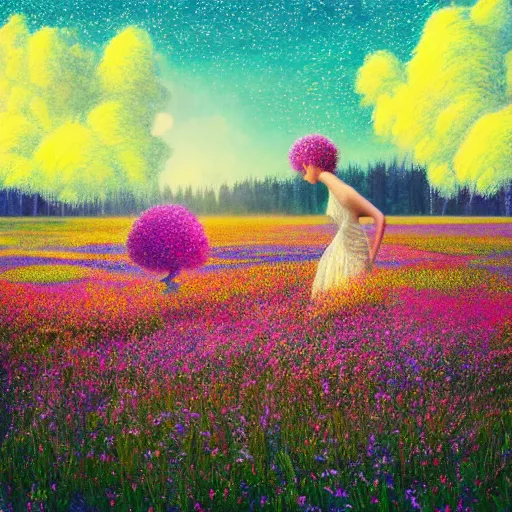 Prompt: girl made from surreal flowers, standing in flower field, surreal photography, big trees, sunrise dramatic light, impressionist painting, colorful clouds, digital painting, pointillism, artstation, simon stalenhag