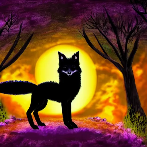 Image similar to black fox dragon hybrid with purple eyes, in a fantasy forest scene at sunset