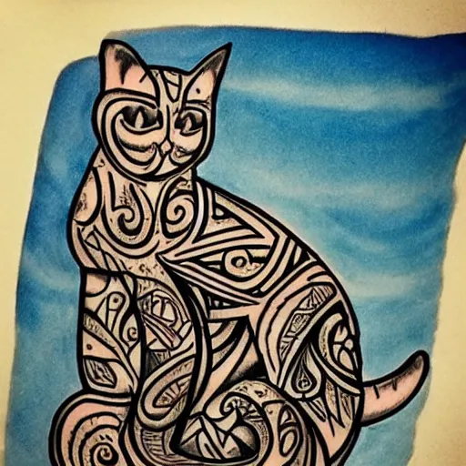 Image similar to tattoo sketch in polynesian style cat hugging the sun