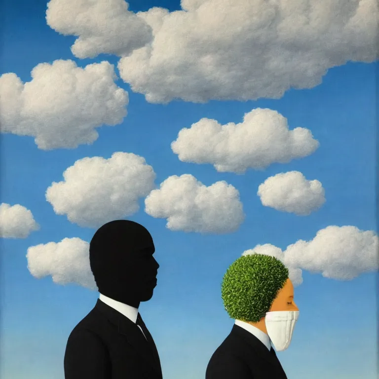 Image similar to portrait of a faceless reflective chrome - head man in a suit and black gloves, clouds and nature landscape in the background, by rene magritte, detailed painting, distance, centered, hd, hq, high resolution, high detail, 4 k, 8 k