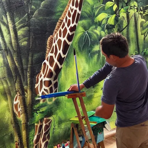 Prompt: A painter who is drawing a giraffe in the jungle